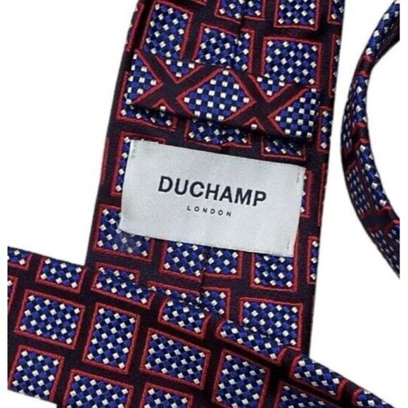 DUCHAMP Men's 100% Silk Necktie LUXURY Tie Blue Red Geometric W:3" EUC - Picture 2 of 5